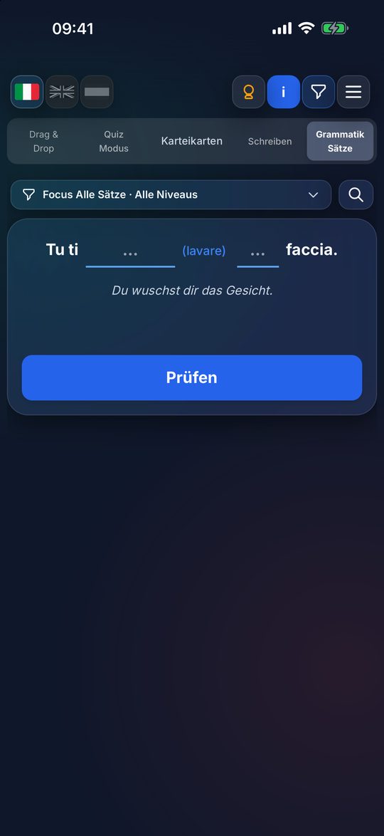 Grammatik-Sätze in der App