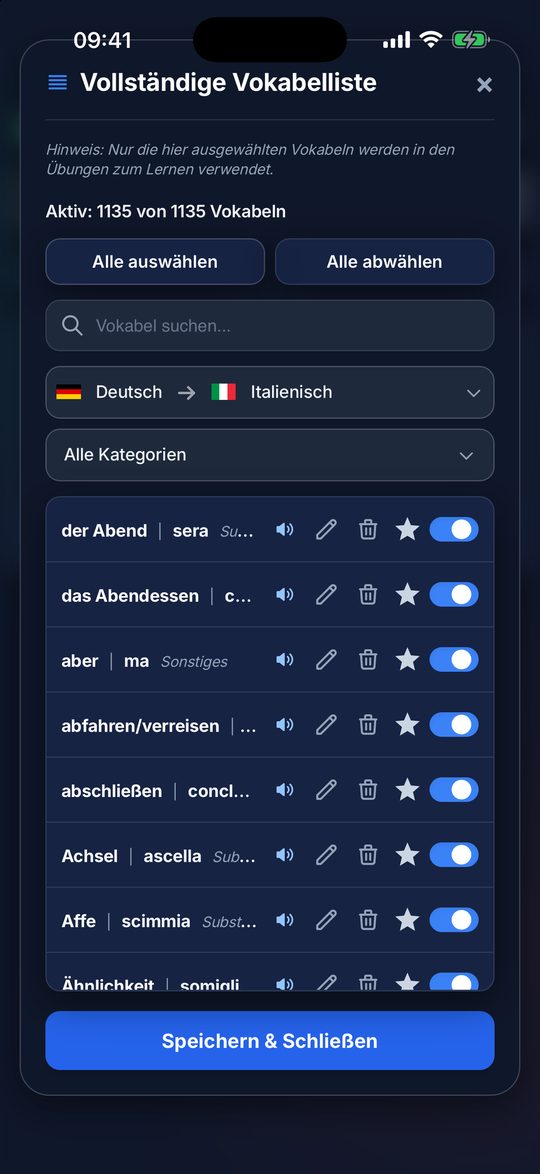 Vokabelliste in der App
